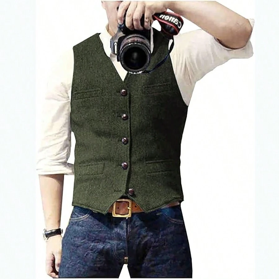 Mens Herringbone Tweed Suit Vest Four Pockets Retro Tweedy Wool Waistcoat - Army Green - View 1