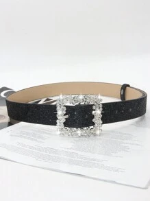 1pc Women's Crystal Embellished Buckle Shiny Sequin PU Leather Belt, Elegant And Casual For Dress And Outfit Pairing Valentines Summer, School