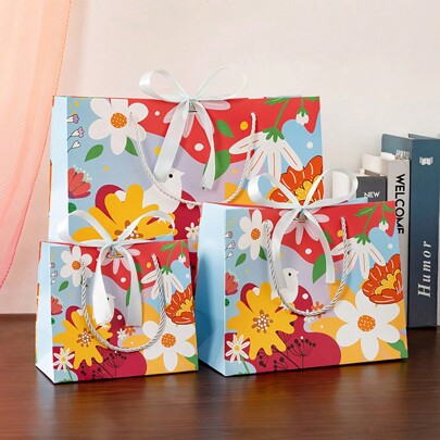 Cartoon Floral Printed Gift Bags, Chinese Style Luxury Handle Bags, Party Favors Bags With Ribbon, Holiday Gift Wrapping Bags