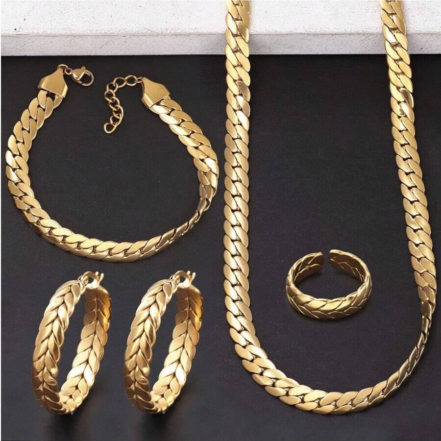 Conjunto de joyas de 5 piezas con cadena de acero inoxidable a prueba de decoloración de alta calidad, adecuado para uso diario de mujeres - Dorado - Ver 1