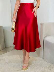 LULU RUN Women's Flowy A-Line Satin Midi Skirt - 紅色 - 查看 1