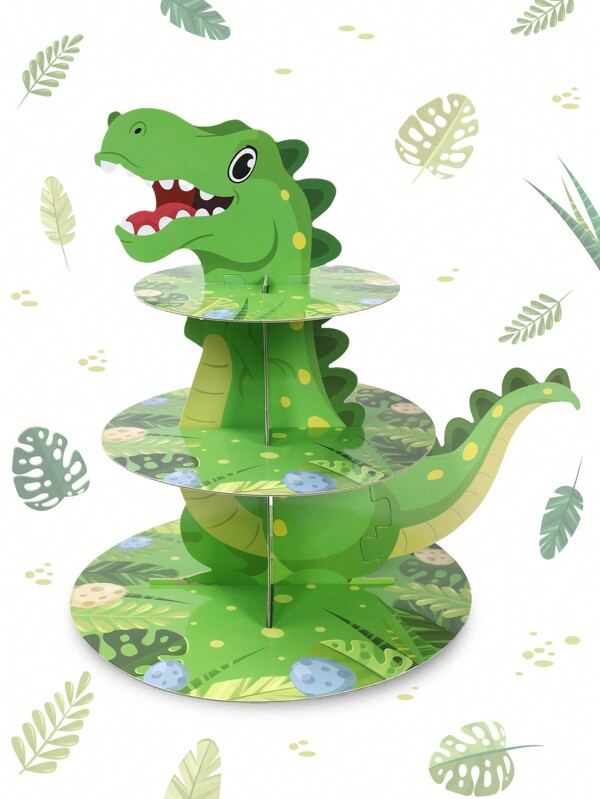1 conjunto de decorações para cupcakes com tema de dinossauro, suporte para bolo com tema de dinossauro verde/rosa de 3 camadas, decoração de bolo para festa, suporte de sobremesa para aniversário, artigos esportivos para festa de aniversário, decorações para bolo de cozinha