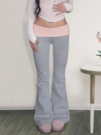 Low Waist Contrast Color Flare Pants, Slim Fit Skinny Casual Trousers