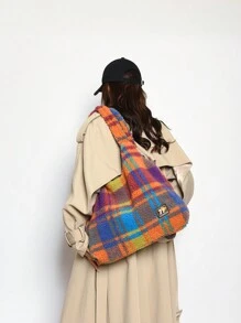 Women's Winter Faux Shearling Simple Color Block Tote Bag, Fashionable Large Capacity Ladies Handbag