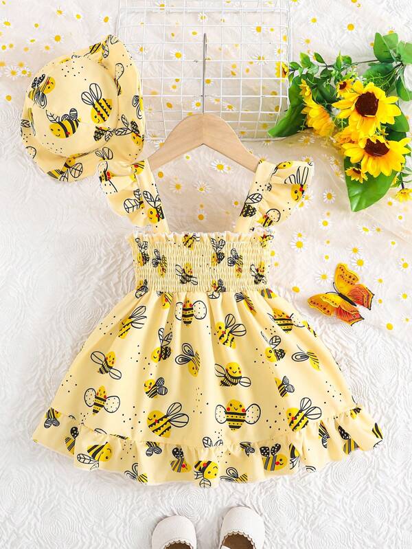 2pcs Baby Girls Casual Cartoon Bee Print Strap Dress Set, Summer