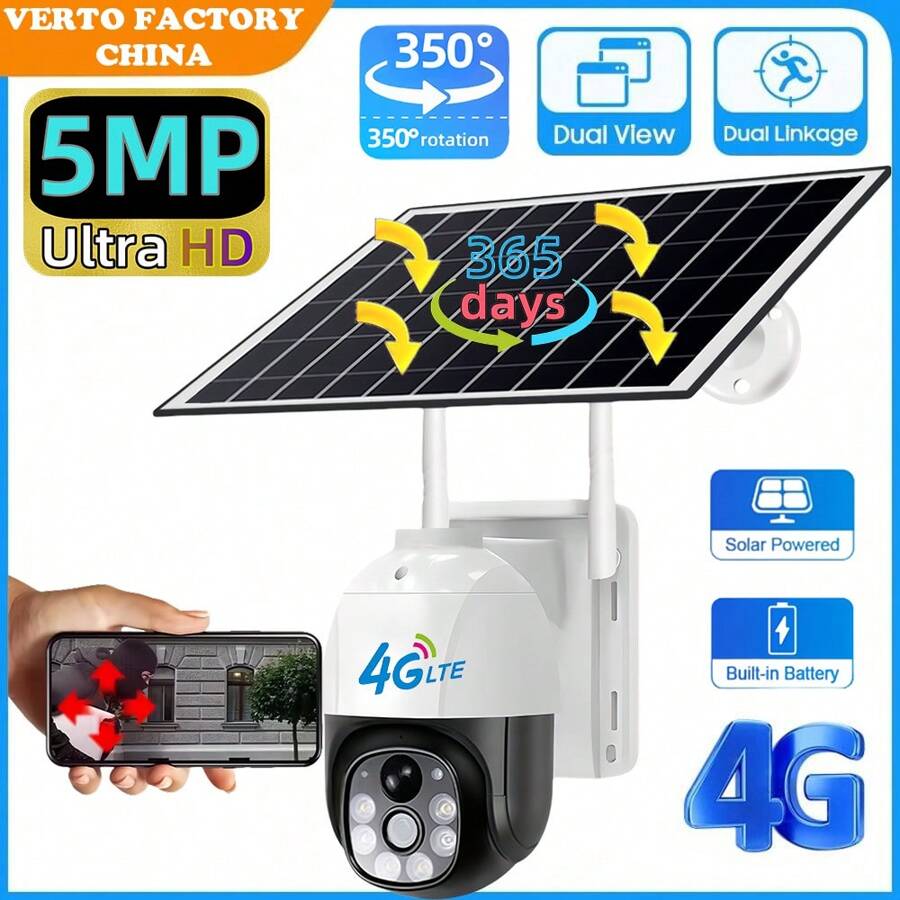 4G Sim 卡太阳能防水 10w 太阳能电池板户外摄像机，V380PRO 智能 APP，具有 IP66 防水防尘等级