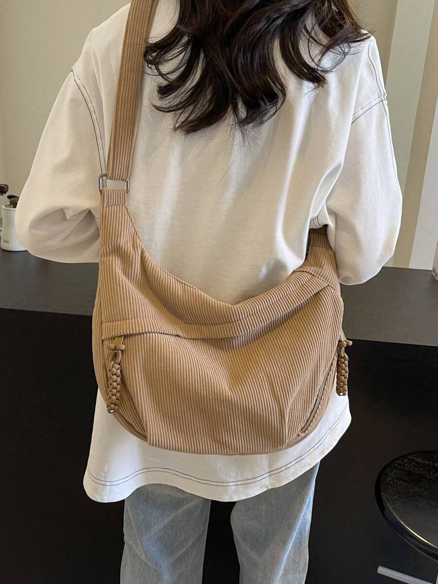 Fashionable Yellow Nylon Waterproof Shoulder Bag With Simple & Casual College Style, Wide Strap, Multiple Zipper Design Suitable For Students, Shopping, Daily Use, Shoulder Bag For School - 卡其色 - 查看 1