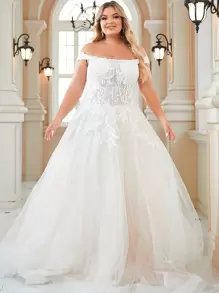 Váy cưới trễ vai màu ngà cỡ lớn dài với phần trên xương bán trong suốt, váy cưới ren đính ren cho tiệc cưới, váy cưới chữ A trang trọng, váy dạ hội cho cô dâu - Màu be - Xem 2