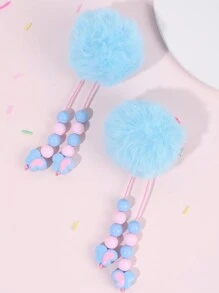 2个蓝色毛绒球发夹，可爱毛绒球流苏鳄鱼夹，适合女孩，带串珠流苏，日常派对发饰，青少年发饰 - 藍色 - 查看 3
