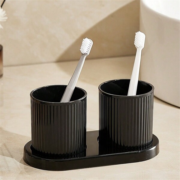 1 pieza Set de 3 piezas: Vaso para enjuague bucal de unicolor, Vaso para cepillo de dientes en pareja, Vaso de baño familiar con bandeja, Juego de vasos para enjuague, disponible en negro/blanco para volver a la escuela