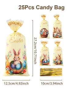 25/50/100pcs Easter Day Gift Candy Bags,Retro Bunny Rabbit Egg Printed Gift Bags With Twist Tie,Candy Cookie Food Packaging Bag,Happy Easter Decoration 2025,Easter Day Supplies,Party Favor,Gift Packing Bag