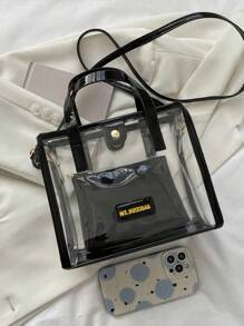 Women's Fashion Transparent Handbag PVC Shoulder Bag Versatile Vacation Bag Elegant Crossbody Bag - 黑色 - 查看 5