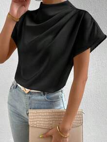 Women Satin Mock Neck Blouse – Effortless Elegance For Casual To Formal Wear - màu đen - Xem 1