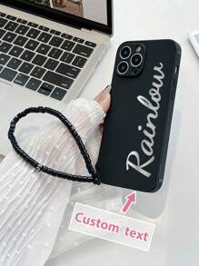 1pc Black TPU Customized Text/Letter Anti-Drop Phone Case And 1pc Black Beaded Phone Lanyard, Compatible With Iphone Case/Matching Phone Case/Interesting Phone Case/Galaxy Phone Case/Redmi Phone Case/Matching Phone Case Compatible With Iphone 15 PRO MAX Phone Case/IPhone 14 Pro Max Case/Galaxy A05 Case/Galaxy A54 5G Case/Galaxy A52/A52s 5G Case/Galaxy S21 FE 5G Case/Galaxy S23 Ultra Case/Galaxy S24 Ultra 5G Case/ Poco X5 Pro Case