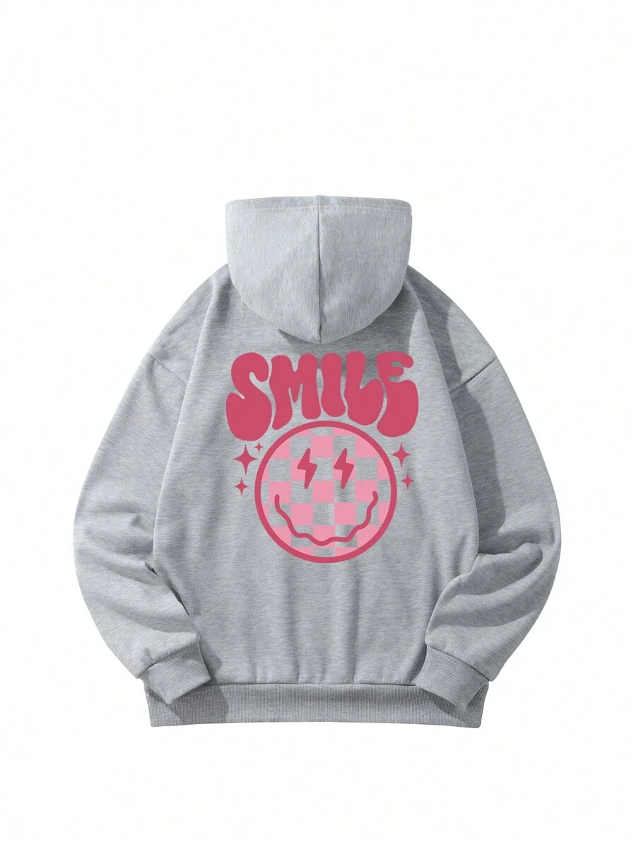 1 pieza Sudadera casual con estampado de rayo y cara sonriente, diseño con forro térmico de manga larga, adecuado para niñas preadolescentes, divertido y para otoño/invierno - Gris - Ver 1
