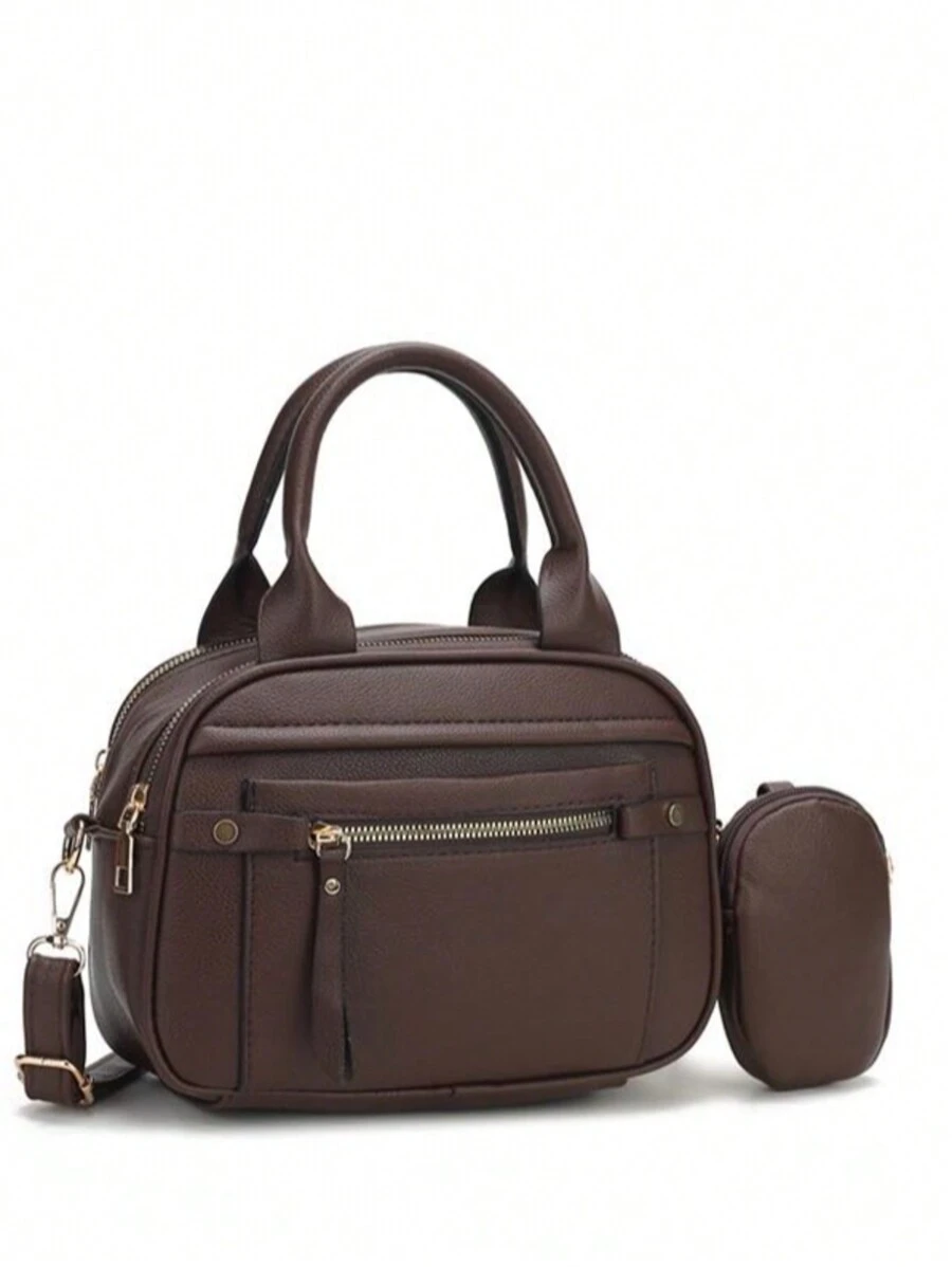 Modern Women's Handbag With Multiple Zippers For Carrying - Coffee Brown - View 1