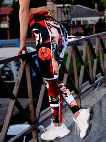 Summer Workout Women's Sports & Outdoor Compression Leggings, V-Shaped Waist Slimming High Waist Tights, Digital Printed Pants, Moisture-Wicking Breathable Shaping, Suitable For Gym, Cycling, Running, Yoga, Extreme Sports And Commuting - Multicolor - View 1