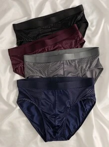 4pcs Men's Breathable Mesh Triangle Briefs, Solid Color Comfortable Underwear
