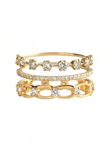 3pcs/Set CZ Inlaid Wedding Rings Gift Box, Shiny Cubic Zirconia Rings Suitable For Women Wedding And Valentine's Day Gift - Gold - View 15