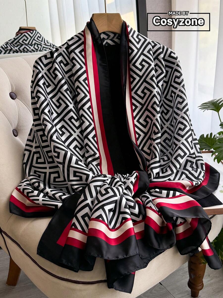 1 chiếc khăn choàng cổ in hình học bằng lụa giả phụ kiện đi biển, khăn choàng thanh lịch dành cho phụ nữ đội ngoài, thích hợp đi biển, chống nắng, khăn quàng cổ thời trang đa năng - Nhiều màu - Xem 1