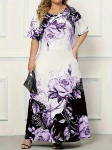 Plus Size Floral Print Dress, Elegant Short Sleeve Round Neck Pocket Dress, Suitable For Spring/Summer, Women Plus Size Clothing