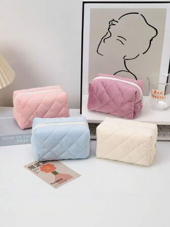 1 件大容量灯芯绒格子绗缝化妆包，大号便携式化妆包盥洗包，浴室，客厅，卧室装饰，浴室储物，珠宝收纳盒，唇彩，指甲油收纳盒