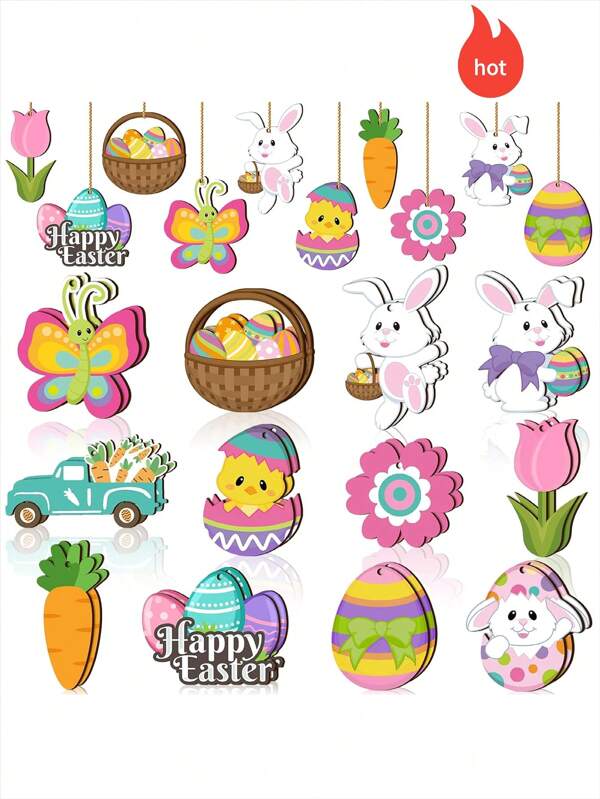 12pcs/24pcs/36pcs Easter Wooden Decorations, Easter Bunny Hollow-Out Decor, Cute Holiday Decor With String For Hanging, Easter Tree Party Home Classroom Decoration