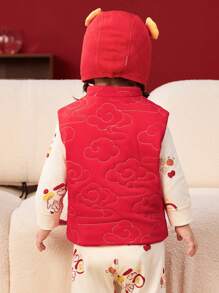 mini bala 年轻女孩绗缝背心，新年柔软透气婴儿分层穿 - 中國紅 - 查看 3