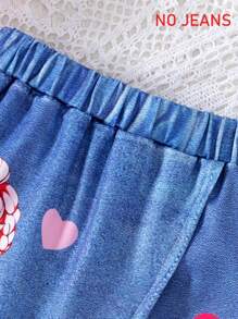 [Not Denim, 3D Printed Fabric] Young Girl Fashion Simulated Denim Asymmetrical Distinctive Printed Skort, Baby Elastic Waist Shorts, Outdoor Sports Summer