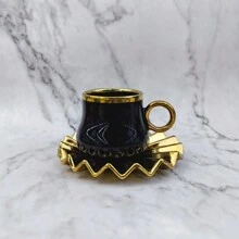 Set de 1 (2 piezas) Taza y platillo de cerámica para café/té, con acabado electrolítico en oro, blanco, negro, rojo, verde oscuro, con patrón de pliegues geométricos, pintados a mano, capacidad de 100ml, adecuados para café, té, agua, de vuelta a la escuela - Multicolor - Ver 14