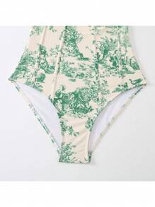 Modest One-Piece Swimsuit & Cover-Up Skirt Suitable For Beach, Hot Spring, Vintage French Style, For Summer Vacation - Green - View 6