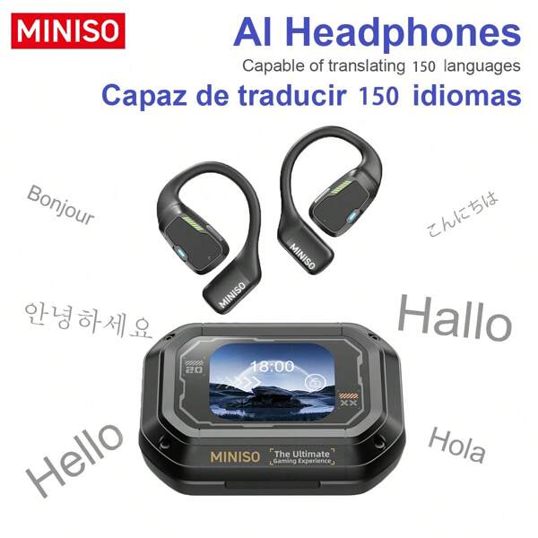 Miniso Auricolari senza fili M98 ad apertura auricolare, cuffie senza fili 5.4 che supportano traduzione in 150 lingue in tempo reale, cuffie con schermo a colori, touch screen, per gaming, 35 ore di autonomia, con microfono integrato