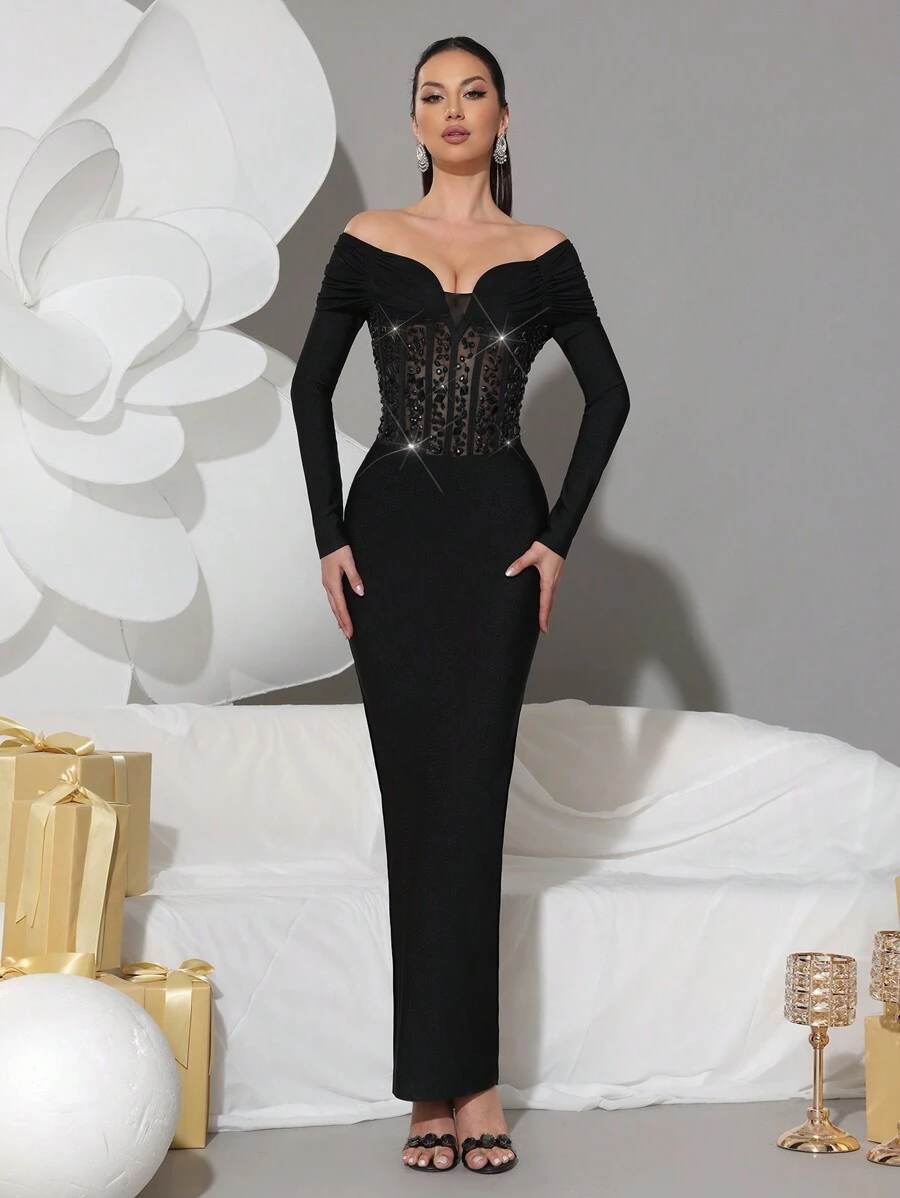 Modphy New Women's Sparkling Rhinestone Sexy V-Neck Long Sleeve Backless Mesh Patchwork Fitted Lace-Up Long Party Wedding Banquet Dress - Black - View 1