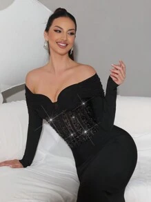 Modphy New Women's Sparkling Rhinestone Sexy V-Neck Long Sleeve Backless Mesh Patchwork Fitted Lace-Up Long Party Wedding Banquet Dress - Black - View 10