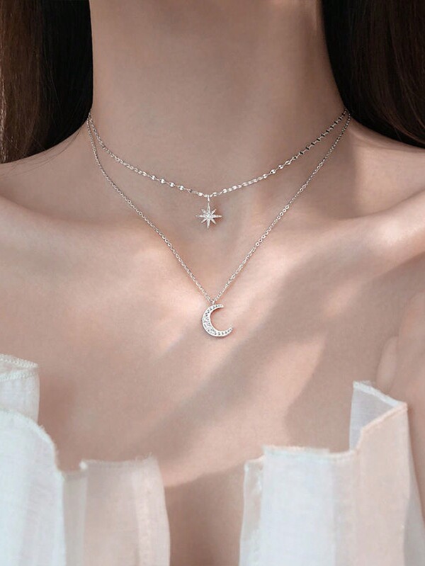 1pc Minimalist Elegant Sweet Cute Rhinestone Star & Moon Double Layer Necklace, Suitable For Women, Wedding, Daily Wear, Holiday