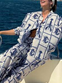 春秋新款女装小龙虾螃蟹随机印花翻领长袖超大码休闲度假优雅衬衣裤子两件套 - 藍色 - 查看 1