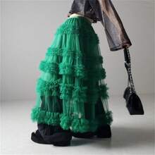 Women's Tulle A-Line Long Skirt High Waist Sheer Mesh Tiered Ruffled Skirt For Summer, Spring - Green - View 1