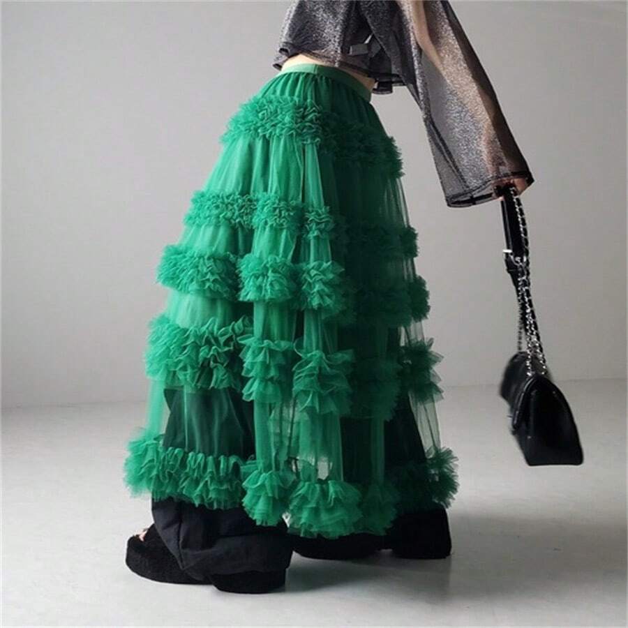 Women's Tulle A-Line Long Skirt High Waist Sheer Mesh Tiered Ruffled Skirt For Summer, Spring - Green - View 1
