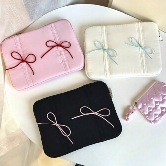 Extra Thick Protective Pink Laptop Sleeve & Tablet Bag - Korean Stylish Bow Design Compatible With Macbook 11/13/14/15.6 Inch Laptop/IPad, Cute Organizer