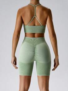 Set de 2 piezas con top tipo camiseta de mujer con correas ajustables y efecto mate, conjunto de ropa deportiva de yoga de cintura alta
