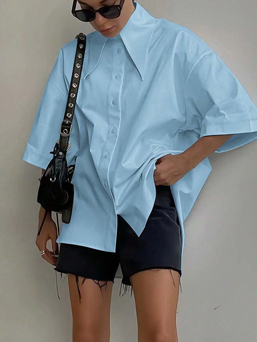 Women's Fashion Spring Summer Autumn Solid Button Up Shirt - xanh nhạt - Xem 1