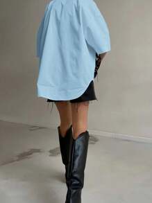 Women's Fashion Spring Summer Autumn Solid Button Up Shirt - xanh nhạt - Xem 5
