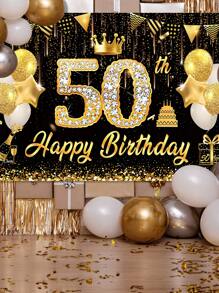 1 Stück glitzerndes schwarz-goldenes "Happy Birthday" Hintergrundtuch, 30./40./50./60./70. Geburtstags-Party-Zubehör, strapazierfähiger Polyester-Hintergrund, Krone Ballon Flaggen Design, Geburtstags-Party Hintergrunddekor zum Aufhängen, Festivalwand-Dekoration, Partyfotografie-Requisiten, Heimdekoration