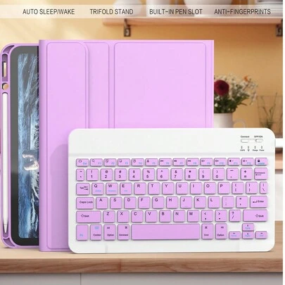 Shockproof Solid Color Detachable Wireless Bluetooth Keyboard Case Compatible With IPad, Auto Sleep/Wake Function, 150mAh Battery, Ultra-Slim Lightweight Stand Cover With Pencil Slot Light Purple Spring Gift