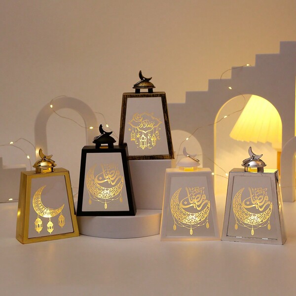 1 pièce Lumière décorative de style arabe en verre plastique LED vintage en forme d'étoile et de lune, de forme trapézoïdale, dans des motifs en bronze antique, or et argent. Éclairage pour la maison, la fête de Ramadan et de l'Aïd.