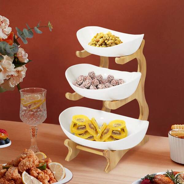 3 Tier Fruit Bowl Storage Holder Stand Fruit Tray For Kitchen Counter, Ceramic Serving Bowls Tiered Fruit Basket For Fruit Vegetable Storage, Dessert, Salad Buffet Server