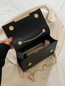 新款时尚迷你方形包，百搭链条肩带单肩包，简约纯色翻盖斜挎包，复古休闲女包 - 黑色 - 查看 10