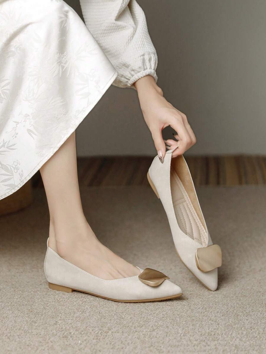 Women's Flat Slip-On Shoes, Fashion Outdoor Flat Pointed Toe Shoes With Metal Buckle Decor, Ballerina Flats, Solid Color Mules, Soft Bottom Soft Leather Loafers, French Flats, Versatile Low-Cut Slip-On Loafers, Gentle Flat Shoes - Apricot - View 1