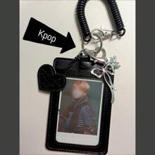 黑色 PU 皮革银猫蝴蝶结吊坠照片卡夹学生校园卡身份证夹 Kpop、学校用品、返校