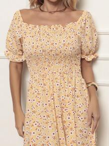 Long Dress With Puffed Sleeves Elastex Print - Yellow - View 4